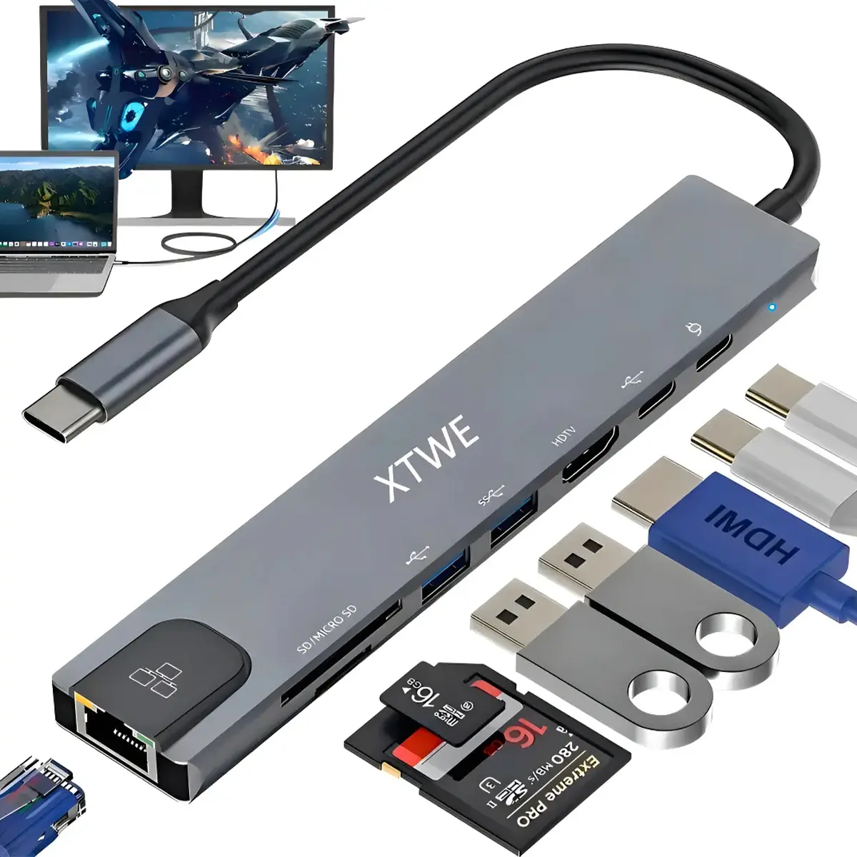 Adaptador Usb Xtwe Hub Usb C 8 En 1 Adaptador Multipuerto Para Computadora